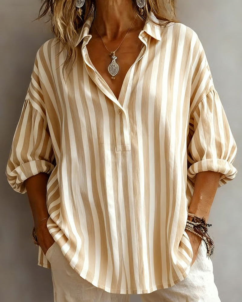 Loose-Fitting Striped Collared Blouse for Women