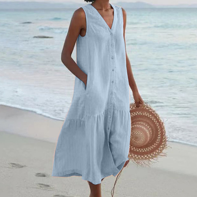 Women's summer dress with button placket and V-neck