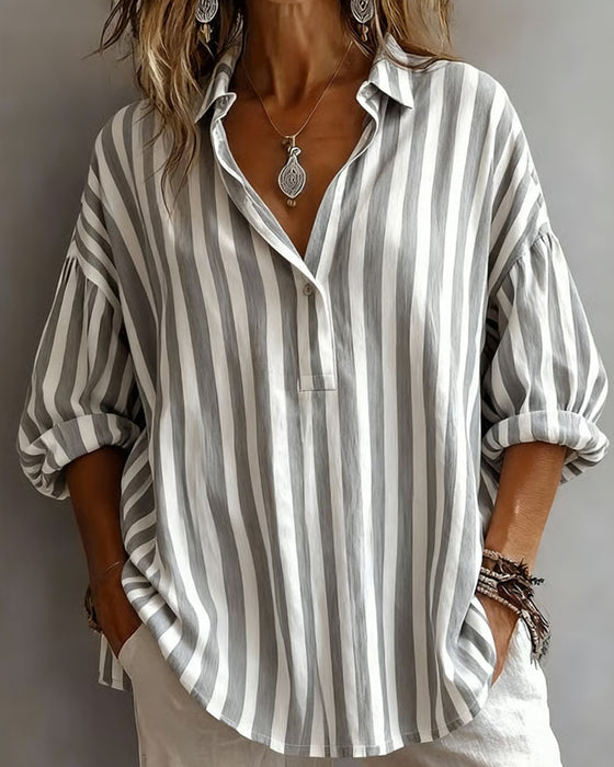 Loose-Fitting Striped Collared Blouse for Women