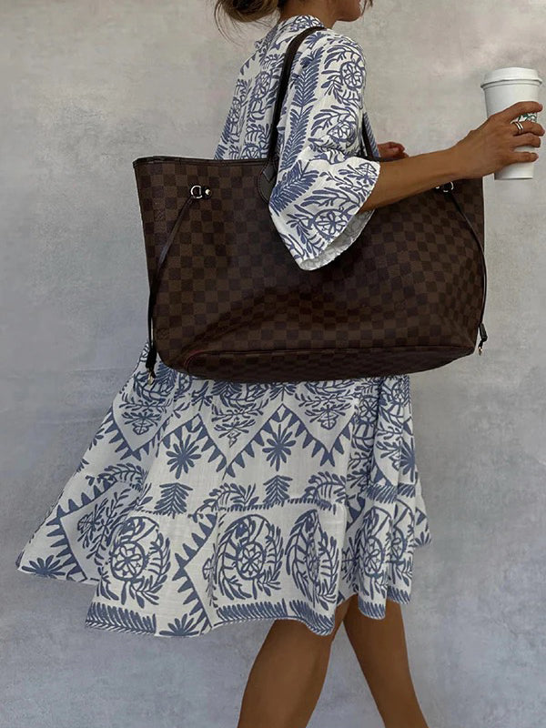 Loose V-Neck Falbala Print Midi Dress with Three-Quarter Sleeves