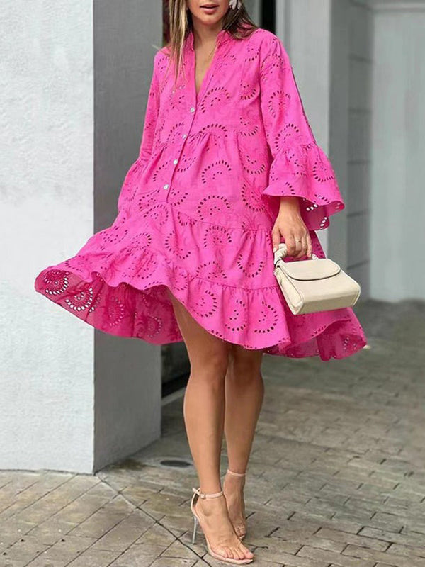 A-Line V-Neck Mini Dress with Flared Sleeves and Button Detail