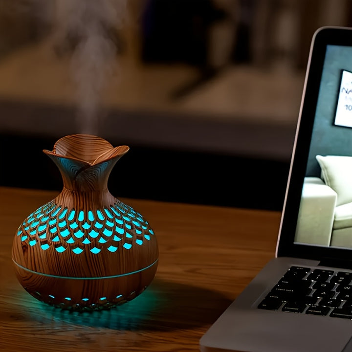 USB humidifier with lamp – wood-look floral design for home &amp; office