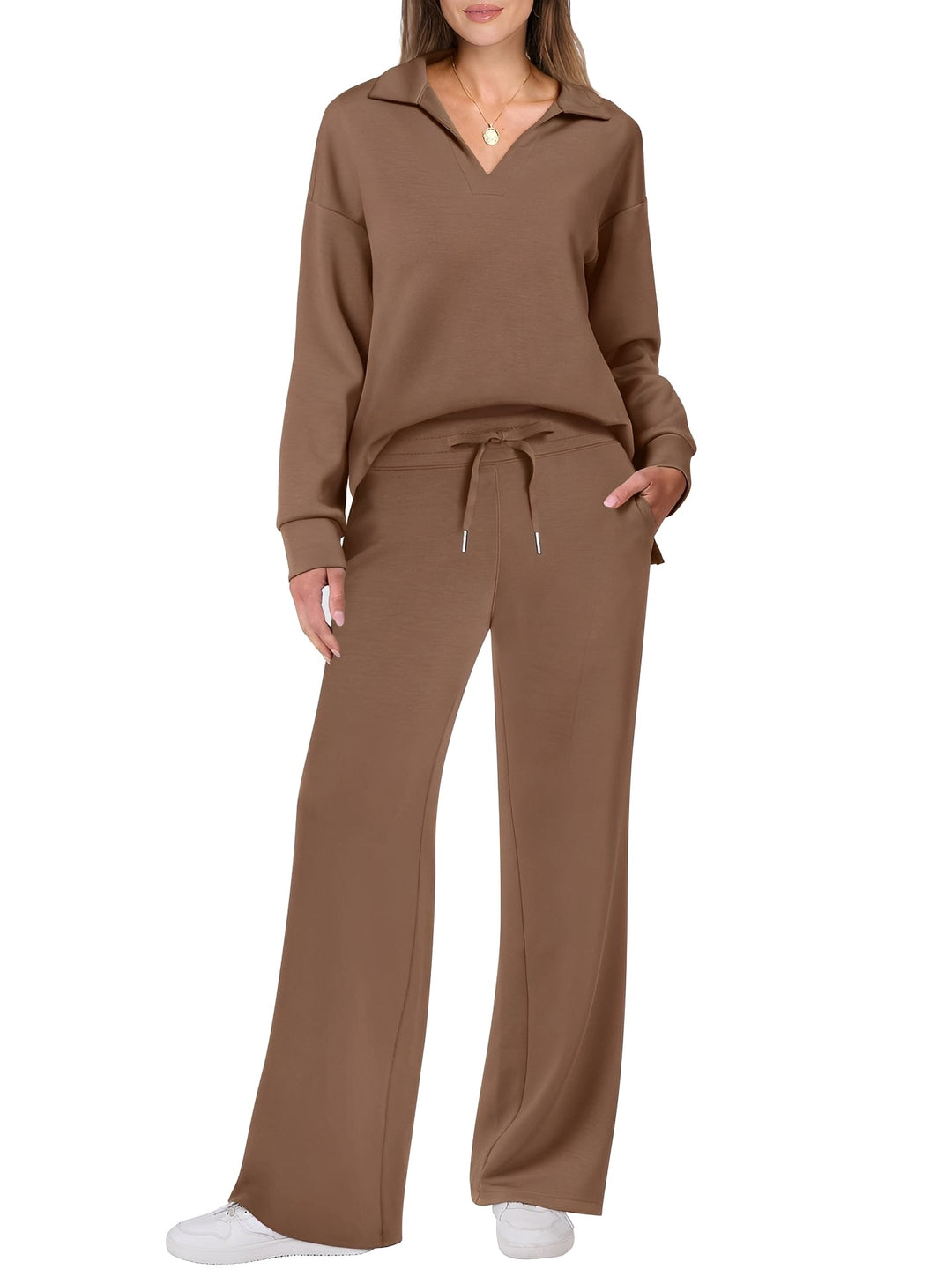 Women's casual two-piece set with loose-fitting sweater and trousers