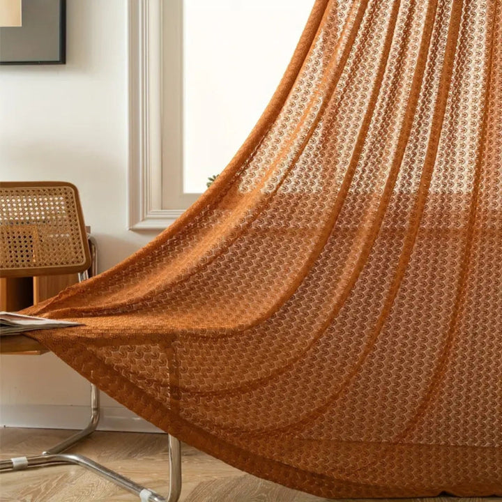 Boho crochet curtain – tulle curtain with a checkered pattern in warm orange