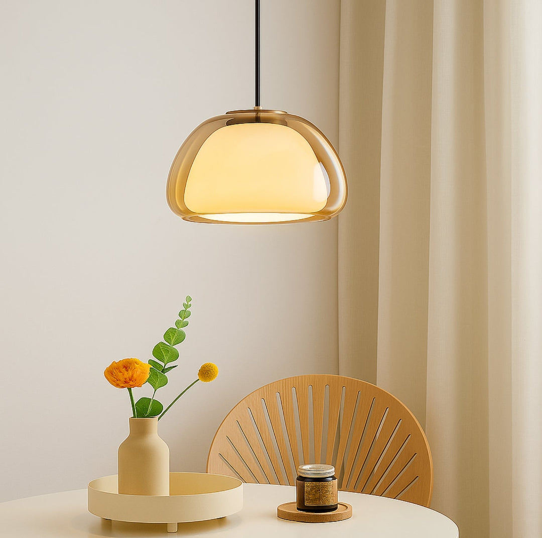 Glass pendant light with white shade and diffuser