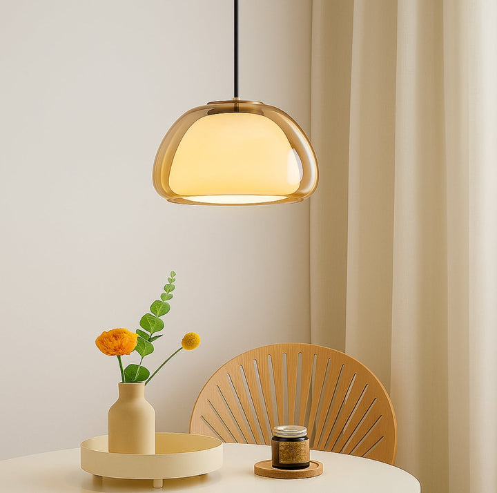 Glass pendant light with white shade and diffuser