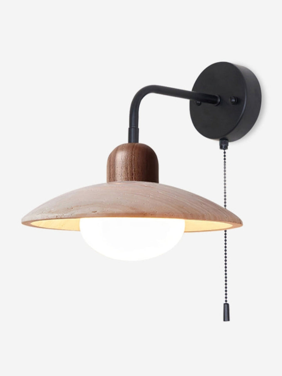 Modern travertine wall light – disc shape with wood and metal elements