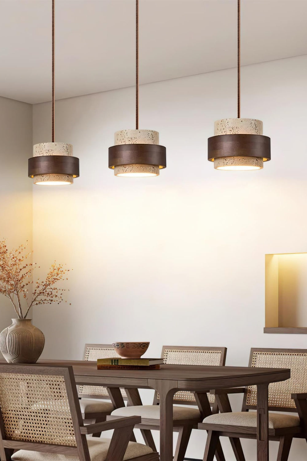 Cylindrical travertine pendant light – Modern design with natural stone structure