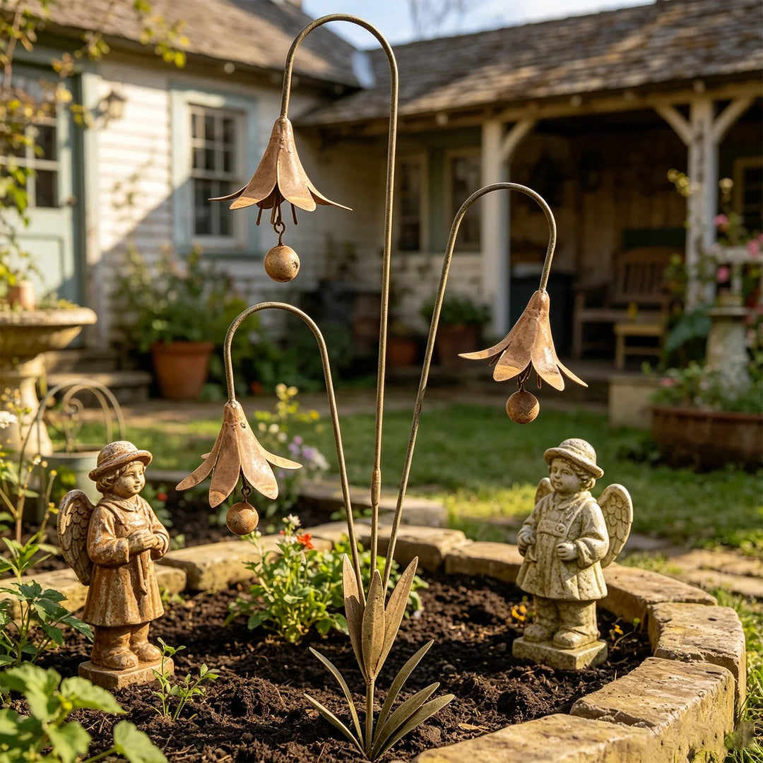 Dekorativer Eisen-Gartenstecker mit dreifachem Glockenblumen-Motiv für Beet oder Terrasse