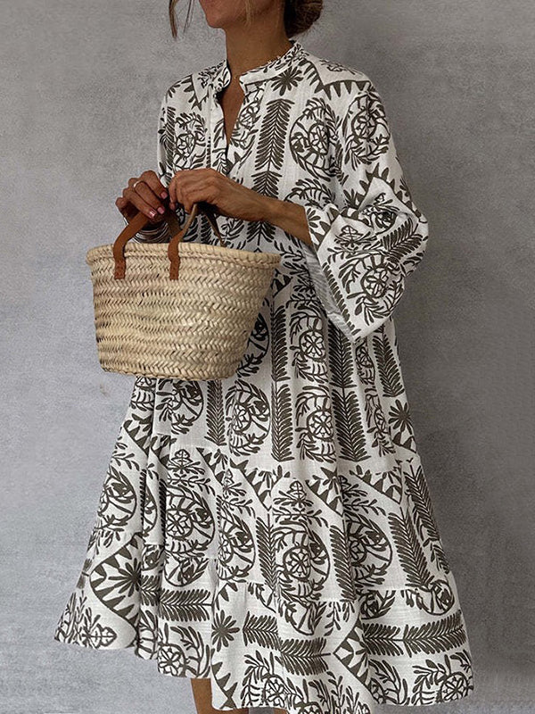Loose V-Neck Falbala Print Midi Dress with Three-Quarter Sleeves
