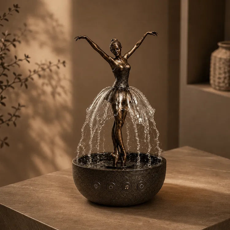 Zimmerbrunnen mit LED-Beleuchtung und Ballerina-Figur auf dekorativem Sockel