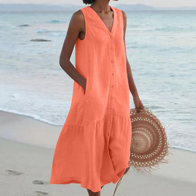 Women's summer dress with button placket and V-neck