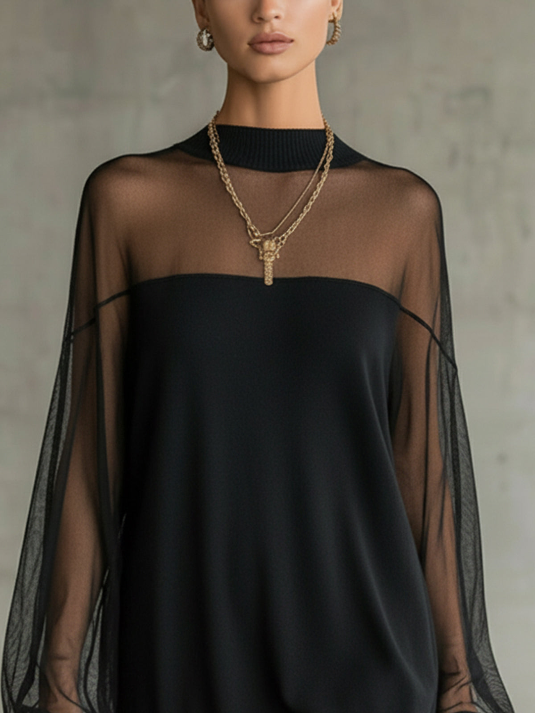 Elegant Black Mini Dress with Sheer Mesh Sleeves