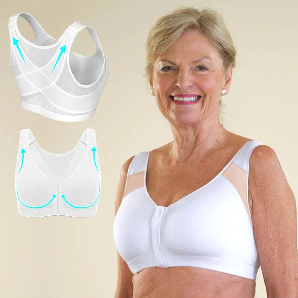 Back-supporting bra with front closure and shaping cups 