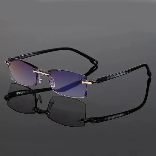 Randlose Brille mit schwarzen Bügeln, rechteckige Gläser, Antireflexbeschichtung, Unisex.