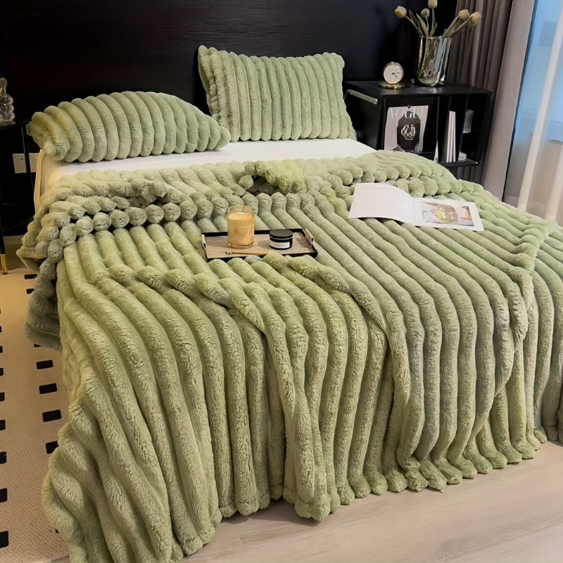 Striped flannel throw blanket with faux fur and drawstring