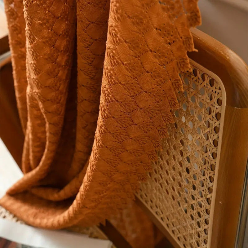 Boho crochet curtain – tulle curtain with a checkered pattern in warm orange
