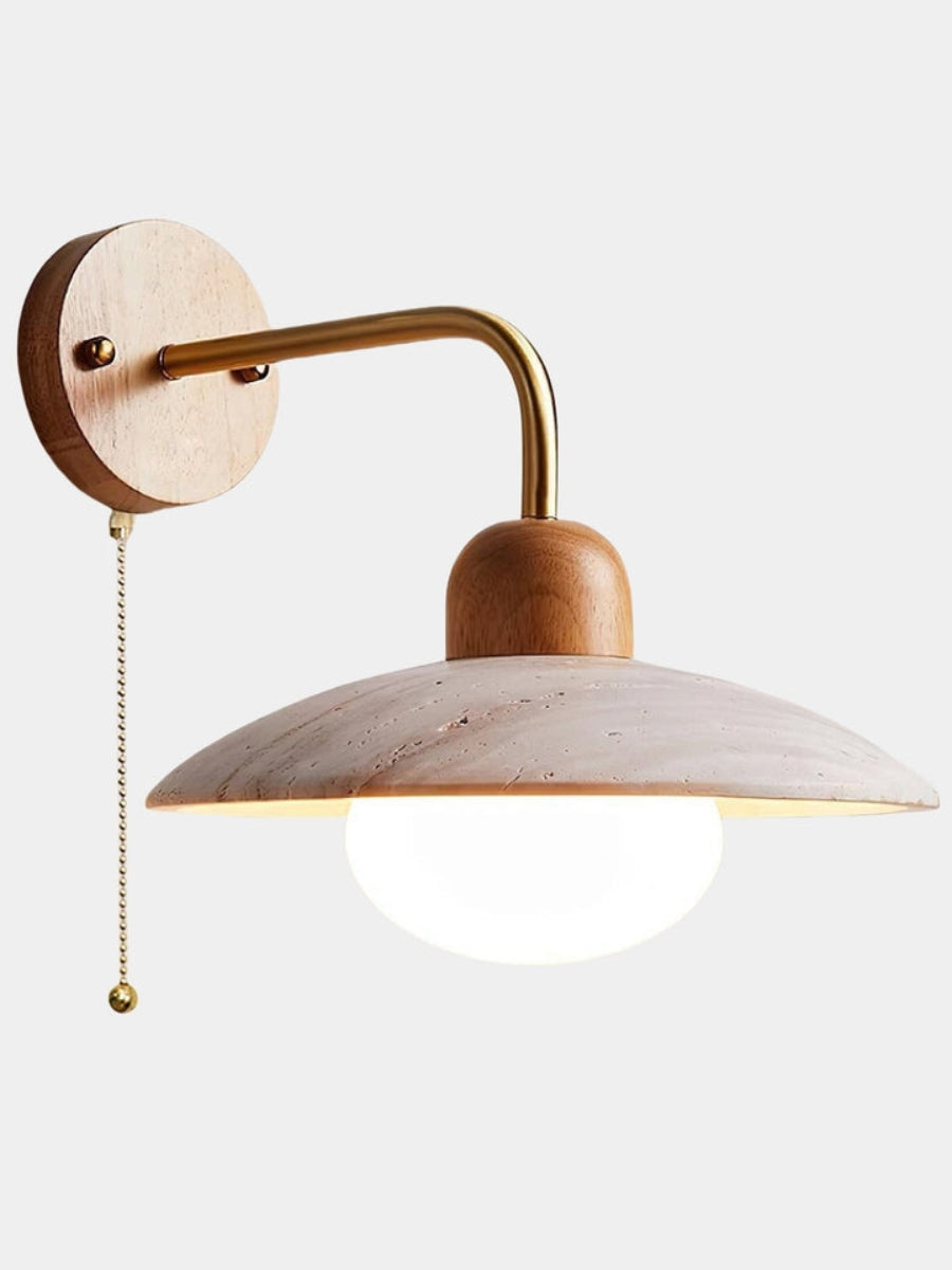 Modern travertine wall light – disc shape with wood and metal elements