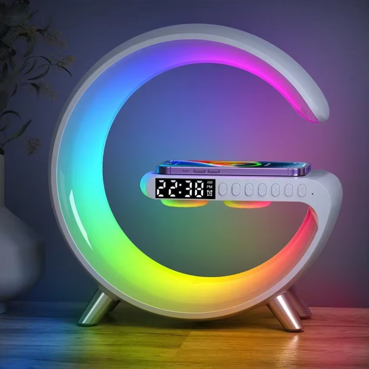 Multifunctional table lamp with alarm clock, Bluetooth and wireless charging station