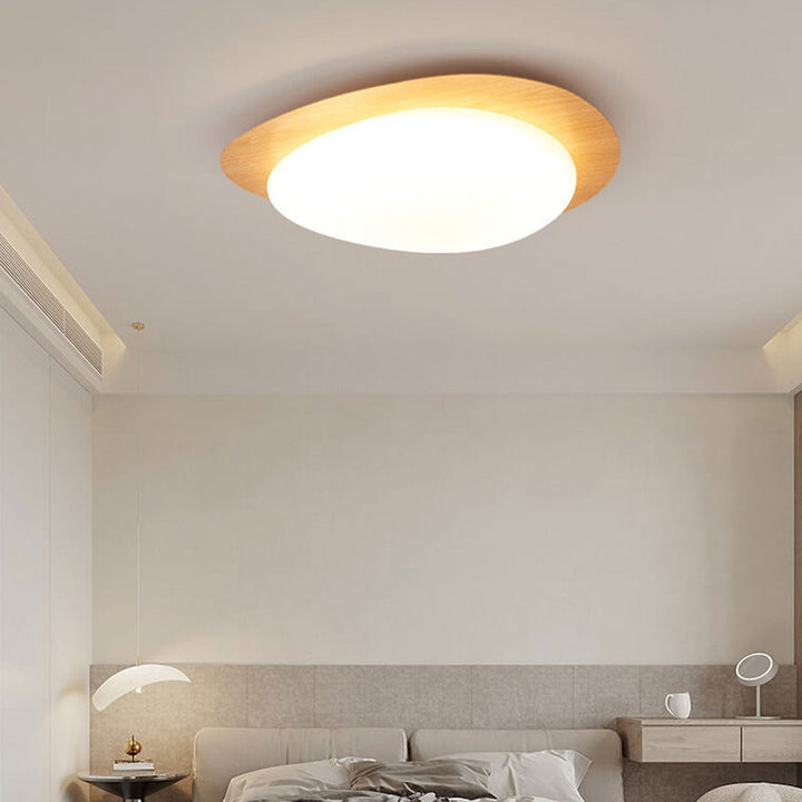 Oval LED ceiling light in wood look, Nordic style