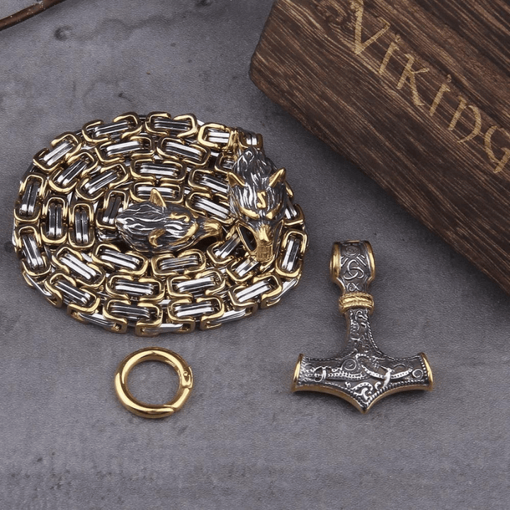 Wolf heads and Mjolnir - Symbolic necklace or bracelet for men