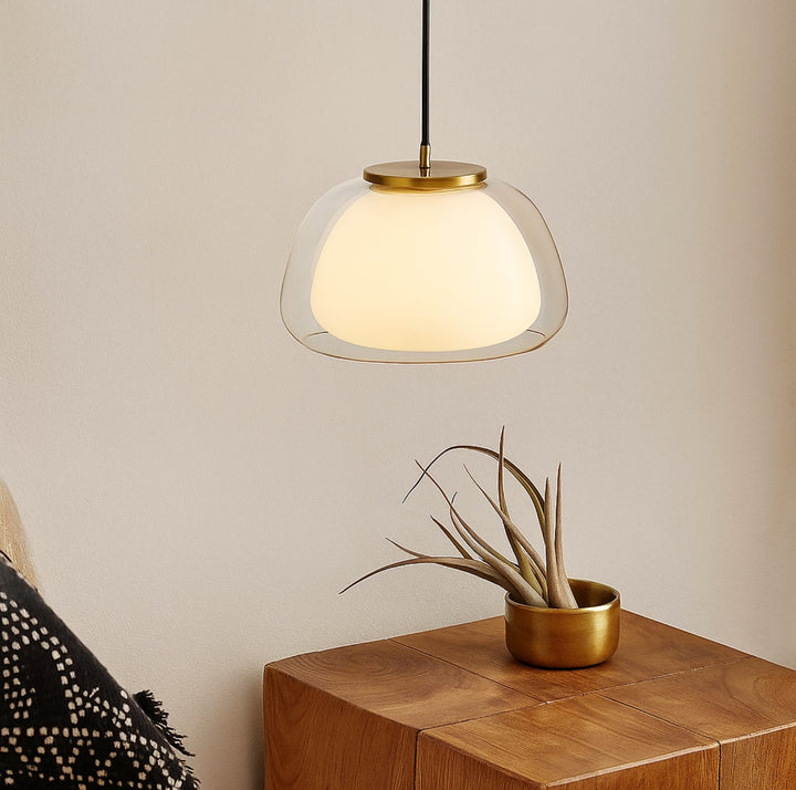 Glass pendant light with white shade and diffuser