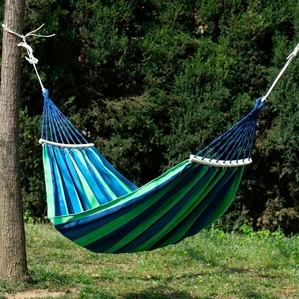 Baumwoll-Camping-Hängematte blau gestreift