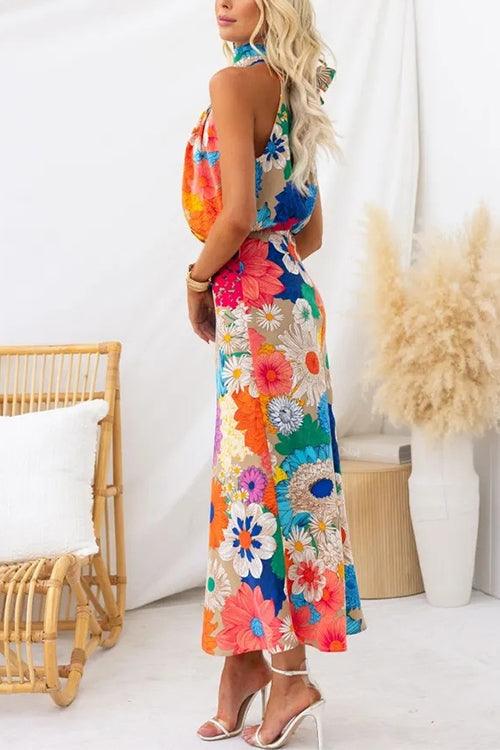 Sleeveless Tie Neck Floral Print Maxi Dress for Summer