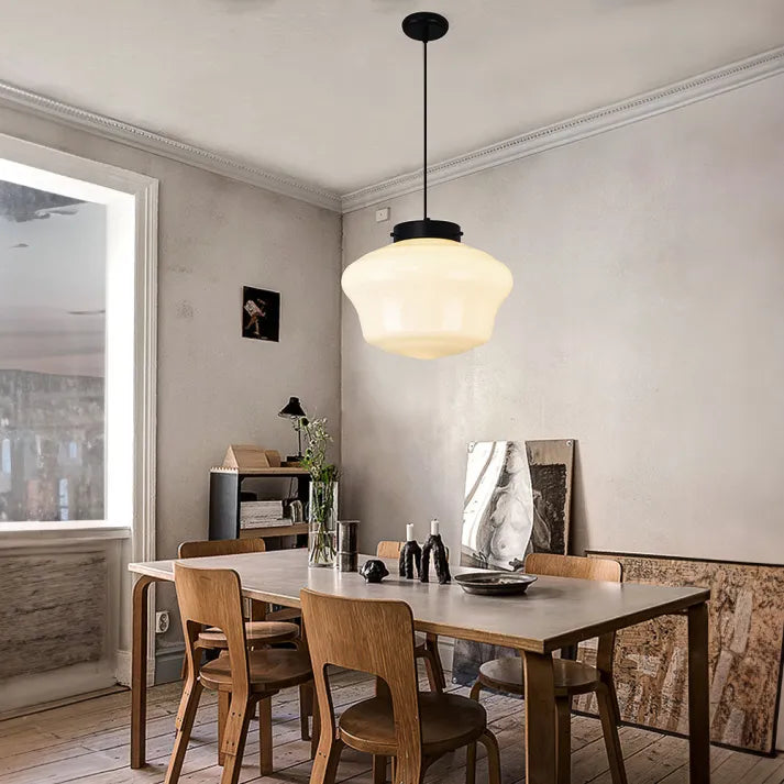 Pendant lamp made of white frosted glass in a geometric design