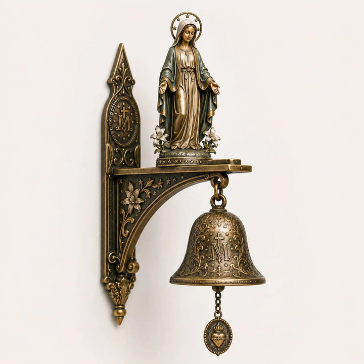 Gesamtansicht der bronzenen Wandglocke mit Marienmotiv und Aufhängung