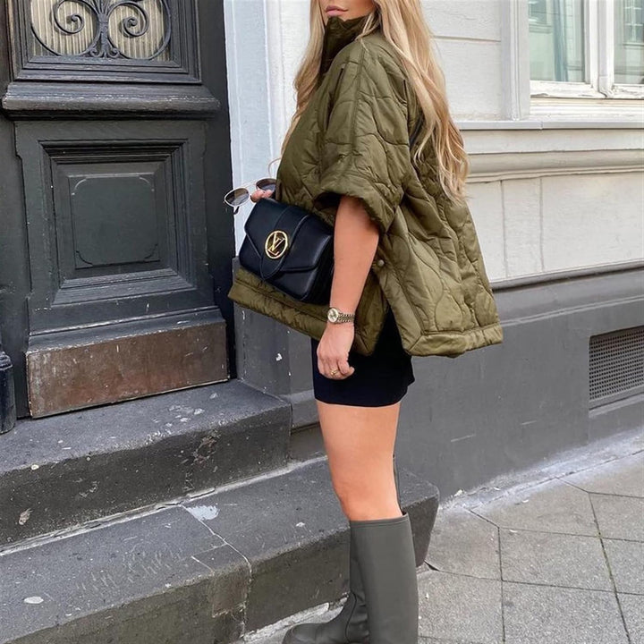 Women's quilted coat in oversized design with stand-up collar 