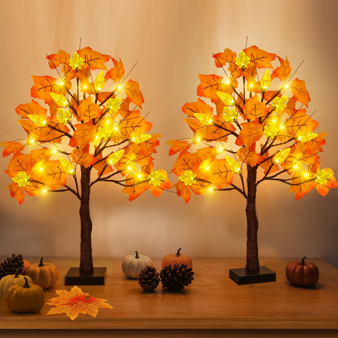 Herbstliche Ahornbaum-Deko mit leuchtenden LEDs im 2er-Set