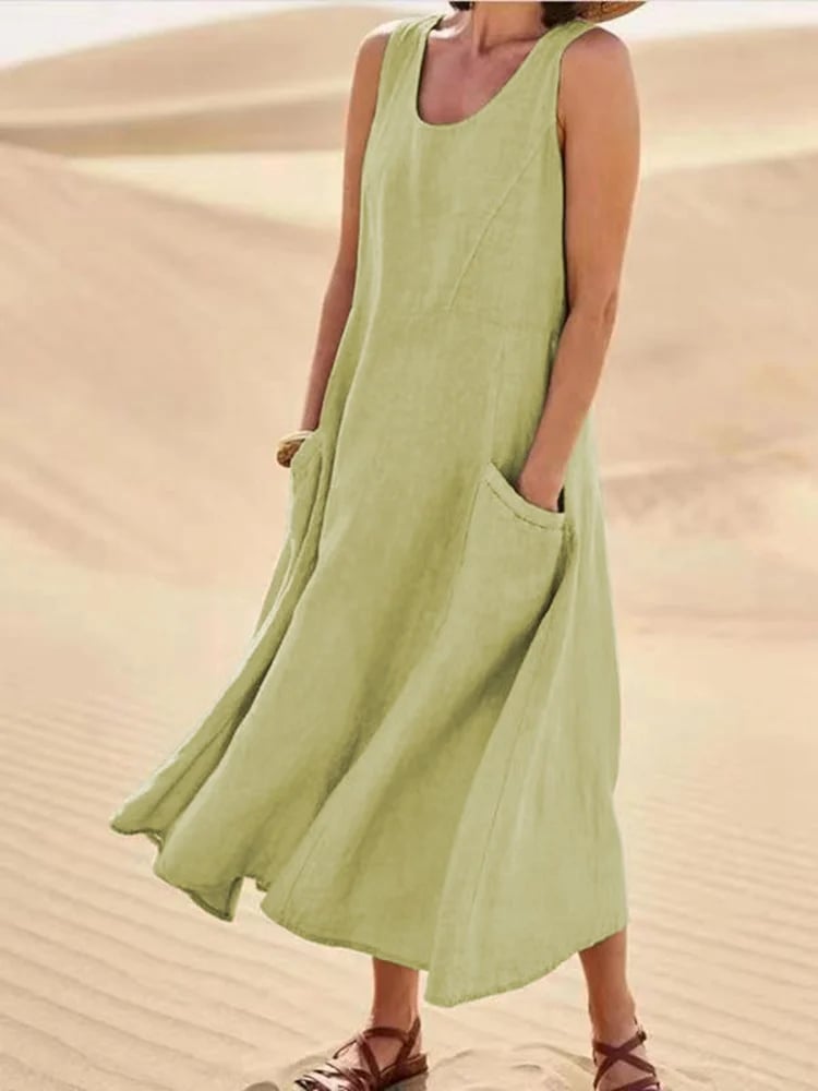 Women’s Sleeveless Cotton Linen Dress with Pockets