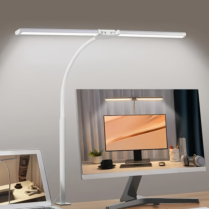 Double clamp LED desk lamp with 3 light colors &amp; dimmer