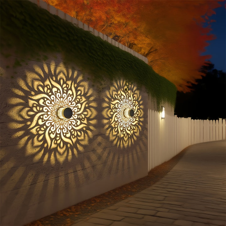 Solar outdoor wall lights with decorative pattern and warm light