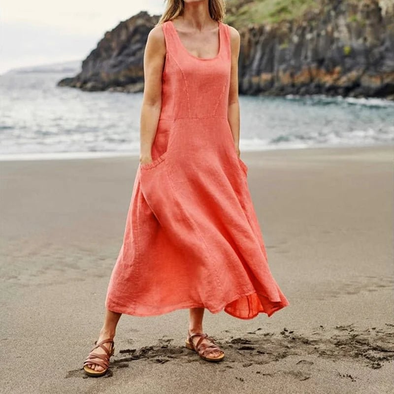 Women’s Sleeveless Cotton Linen Dress with Pockets