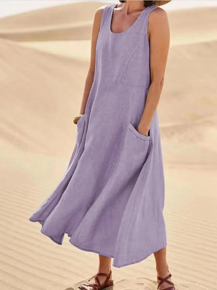 Women’s Sleeveless Cotton Linen Dress with Pockets