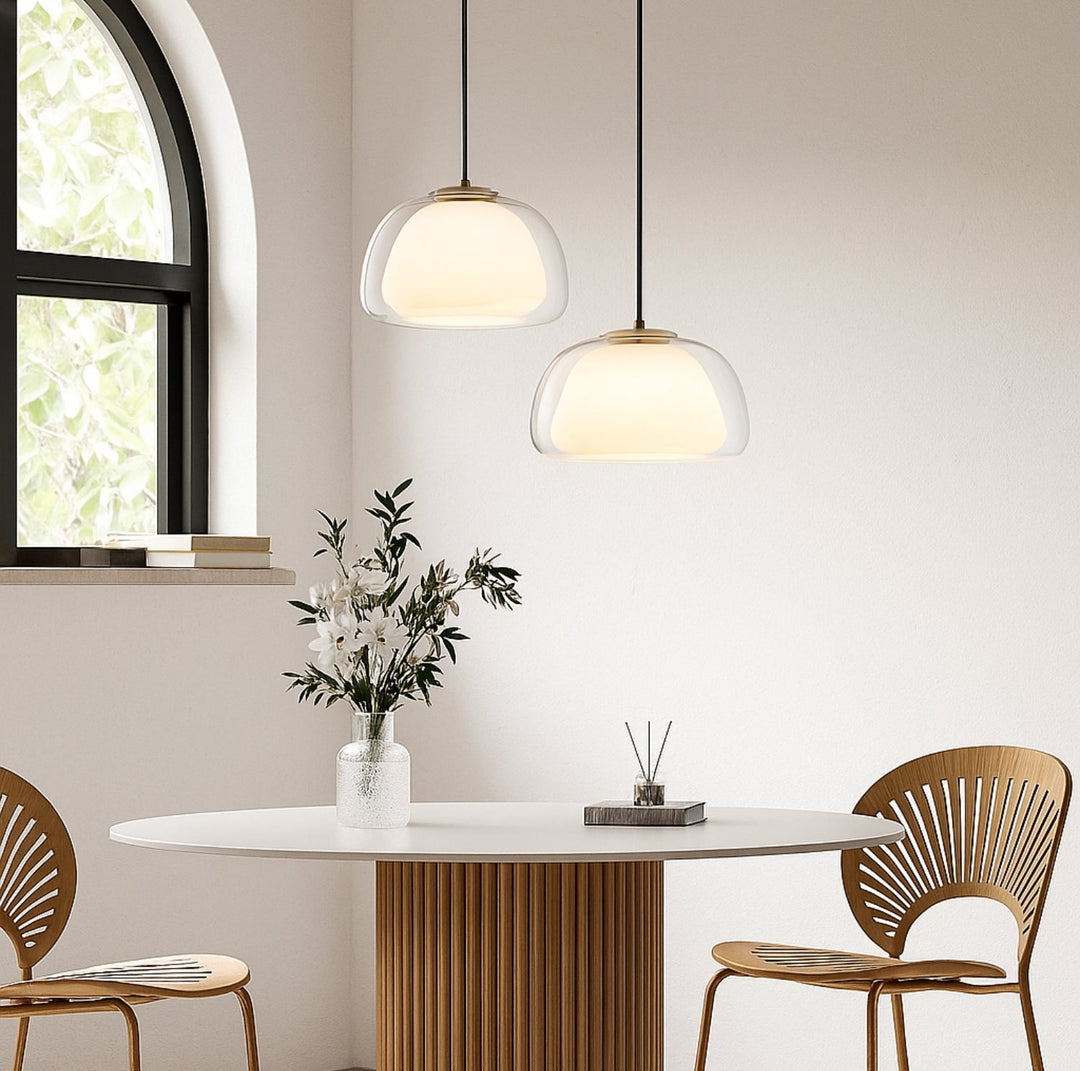 Glass pendant light with white shade and diffuser