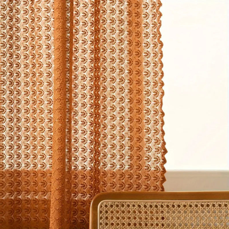 Boho crochet curtain – tulle curtain with a checkered pattern in warm orange