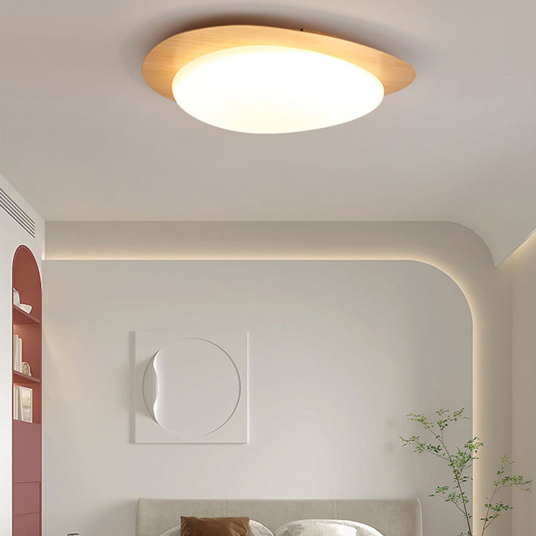 Oval LED ceiling light in wood look, Nordic style