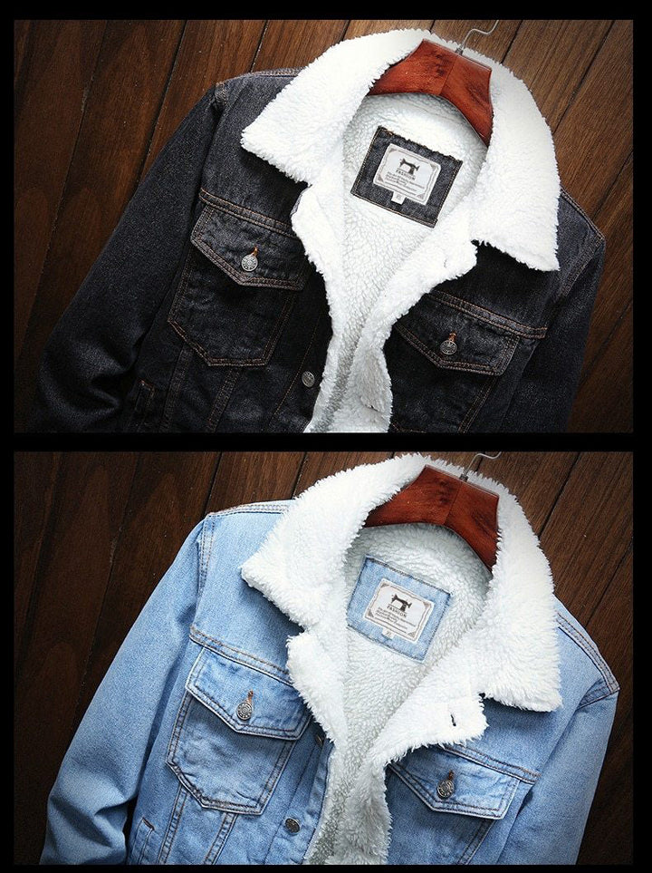 Men's denim jacket with fur lining and button placket
