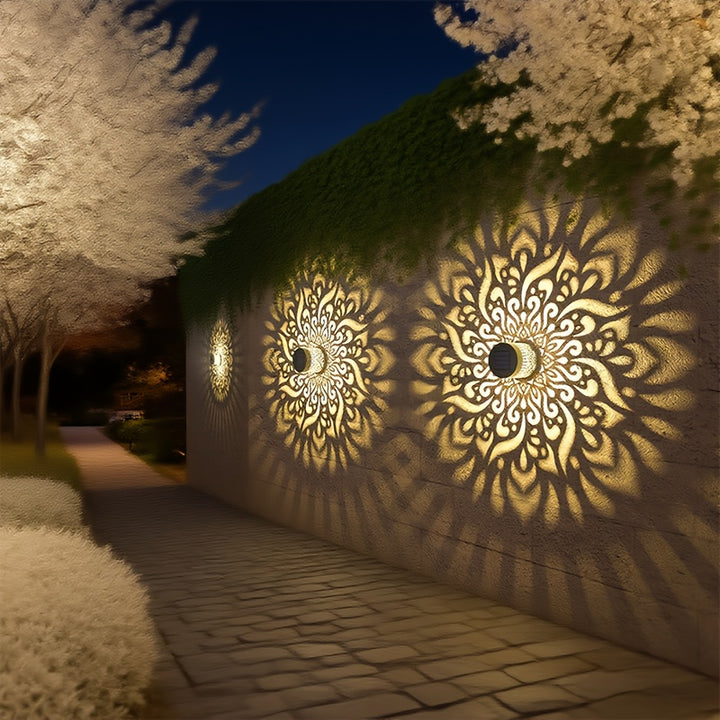 Solar outdoor wall lights with decorative pattern and warm light