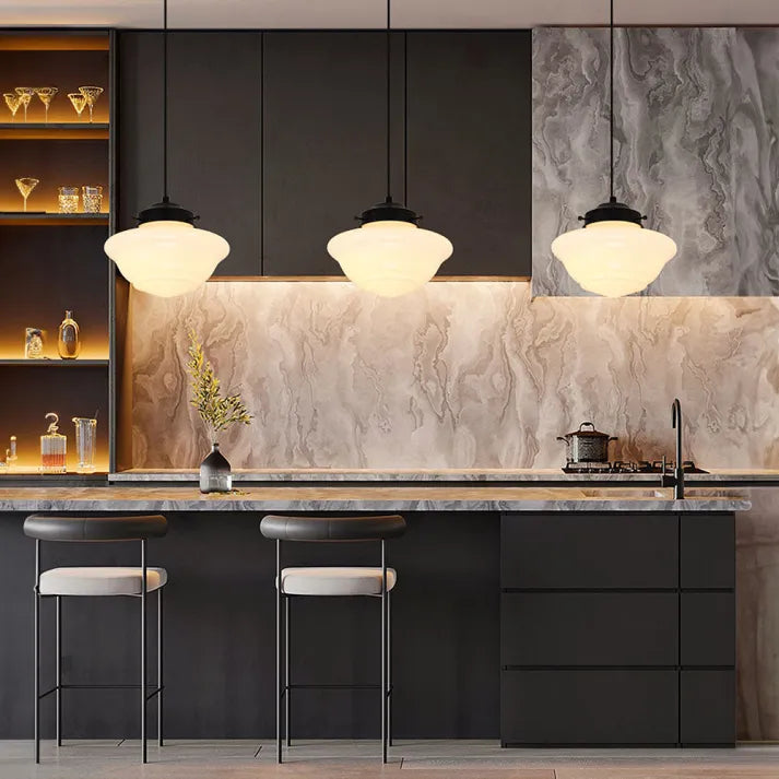 Pendant lamp made of white frosted glass in a geometric design