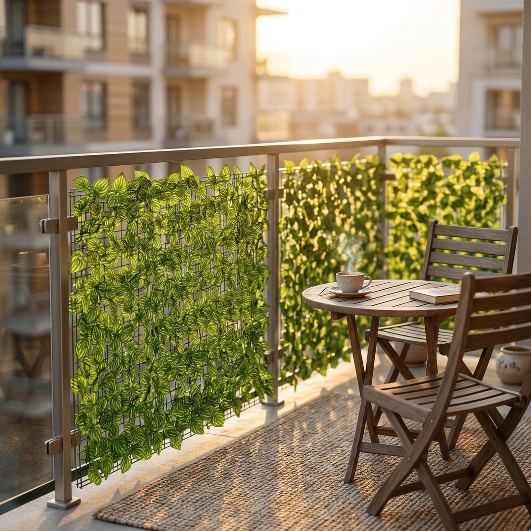 Künstlicher grüner Sichtschutzzaun mit dekorativen Blättern für Garten und Balkon