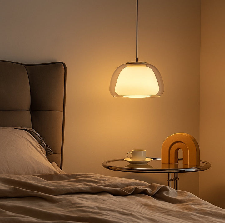 Glass pendant light with white shade and diffuser