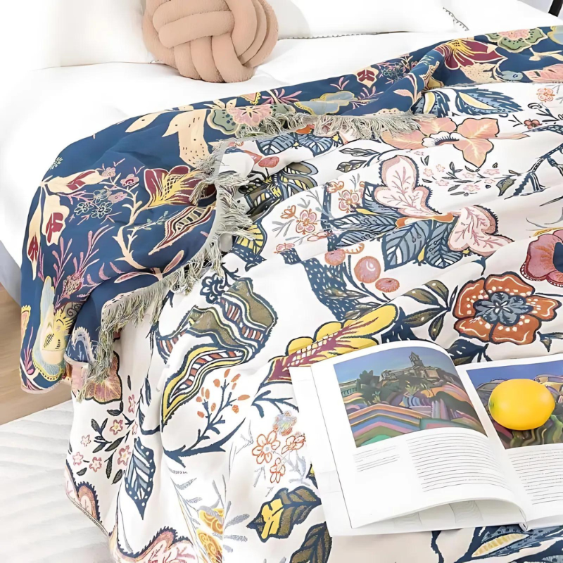 Cotton blanket with floral pattern – Jacquard plaid with fringes