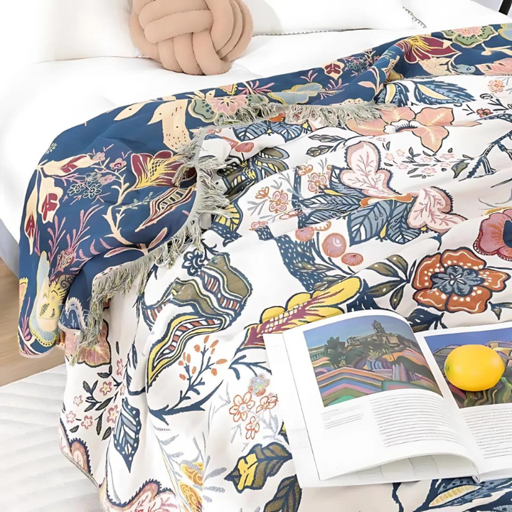 Cotton blanket with floral pattern – Jacquard plaid with fringes