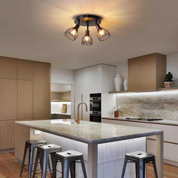 Rustic ceiling light with three rotating lampshades