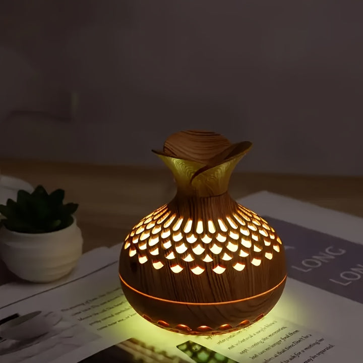 USB humidifier with lamp – wood-look floral design for home &amp; office