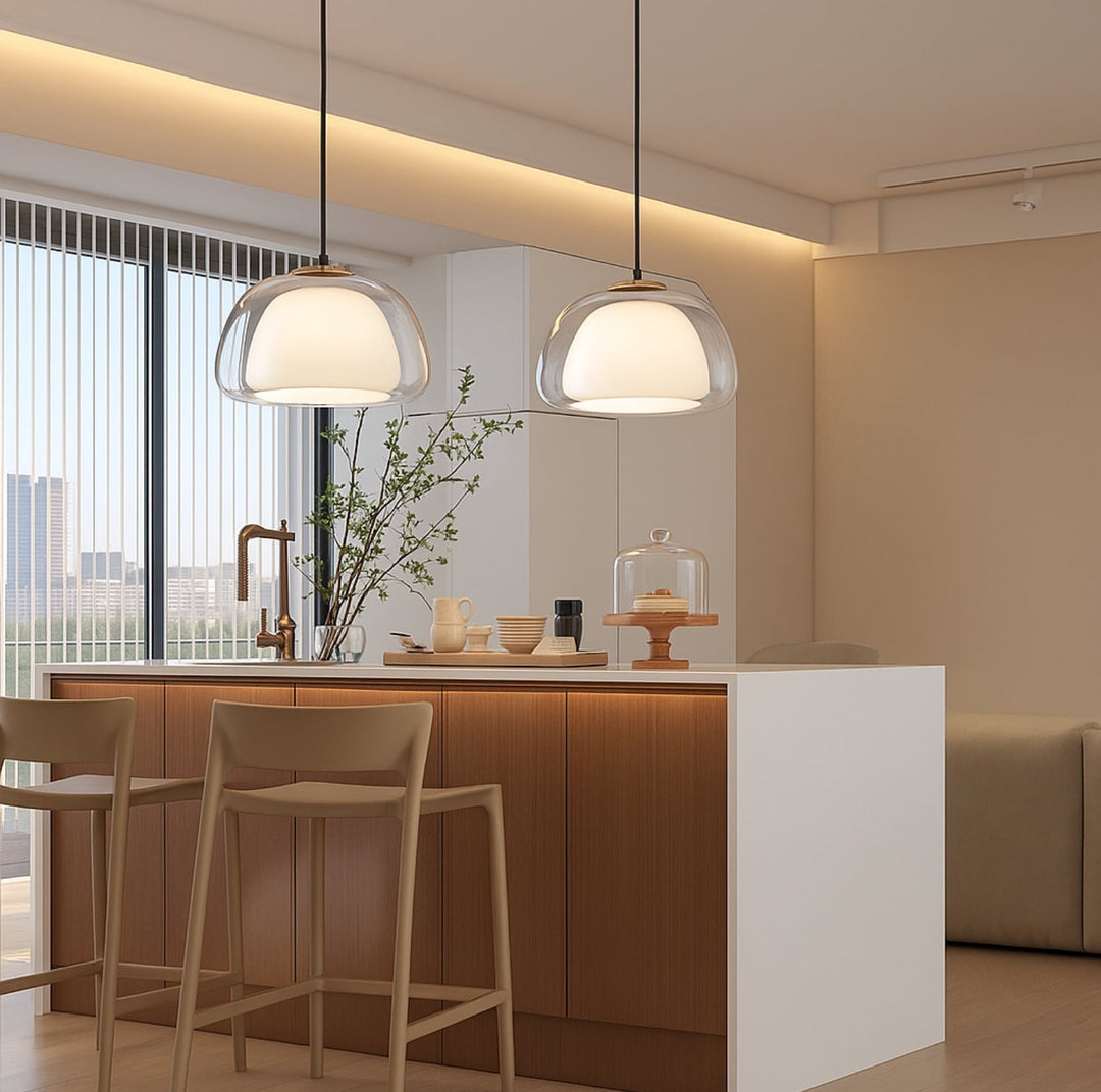 Glass pendant light with white shade and diffuser